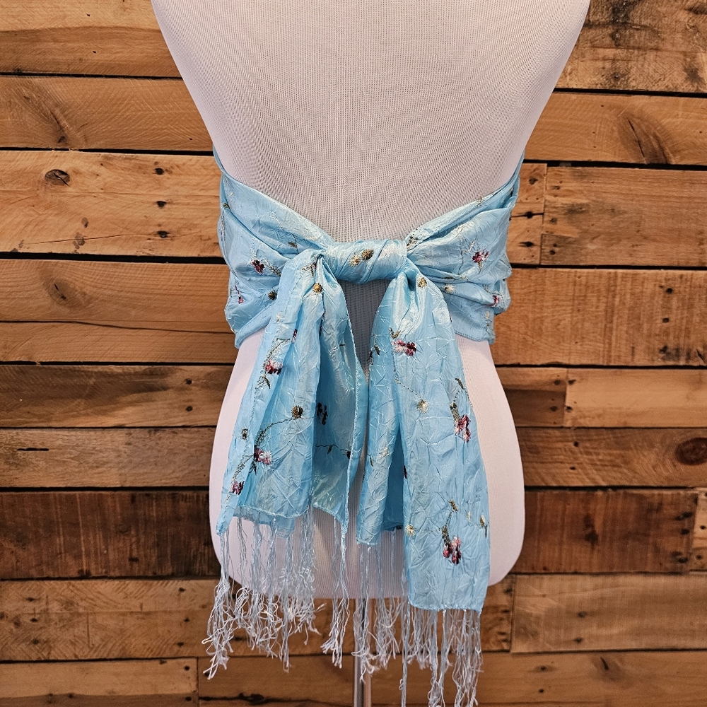 Aqua Blue Scarf/Wrap/Shawl w/ Embroidered Pink Flowers & Green Leaves 62" Long - Picture 4 of 13